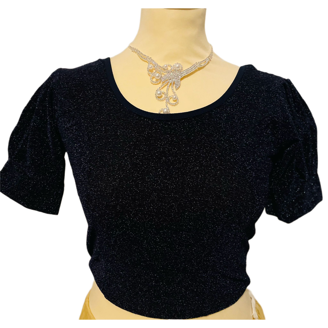 Navy Blue Elastic Glittery Blouse