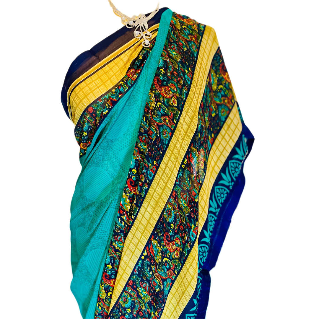 Printed Chiffon Blue Saree