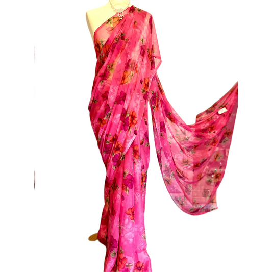 Rose Pink Floral Printed Chiffon Saree