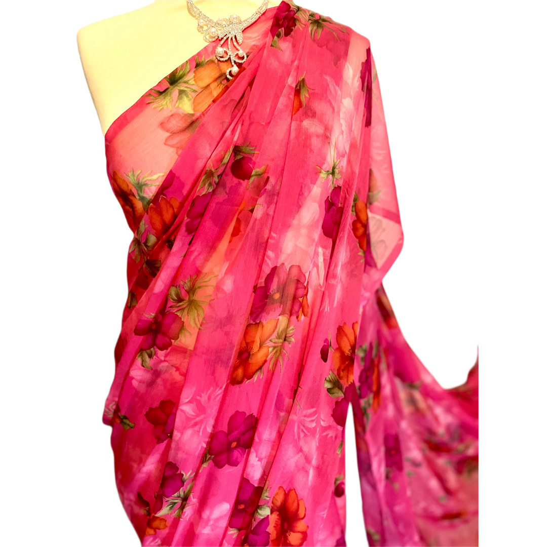 Rose Pink Floral Printed Chiffon Saree