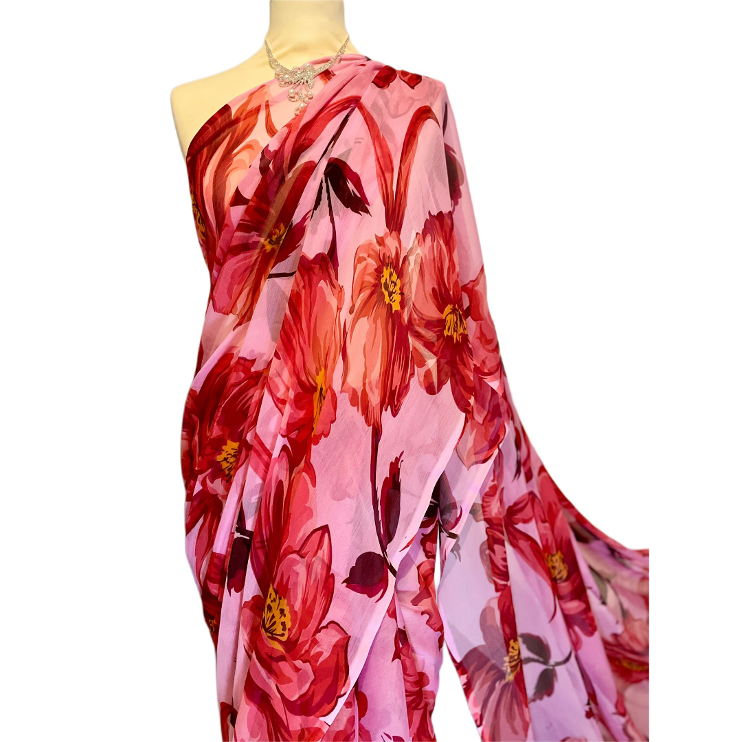 Printed Red Floral Chiffon Saree