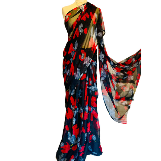 Floral Printed Black Saree