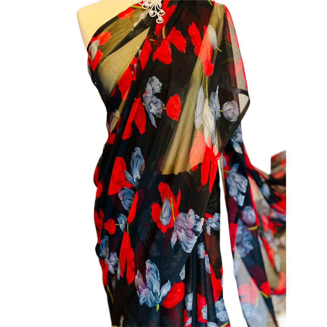 Floral Printed Black Saree